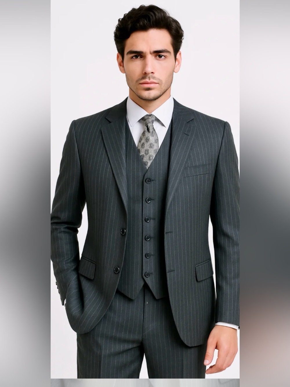New Perry Ellis Charcoal Pinstripe Three-Piece Suit